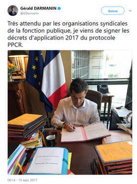 tweet de Gérard Darmanin sur la signature de PPCR